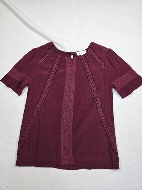Bohme XS Womens Burgundy Short Sleeve Lace Detail Blouse Top